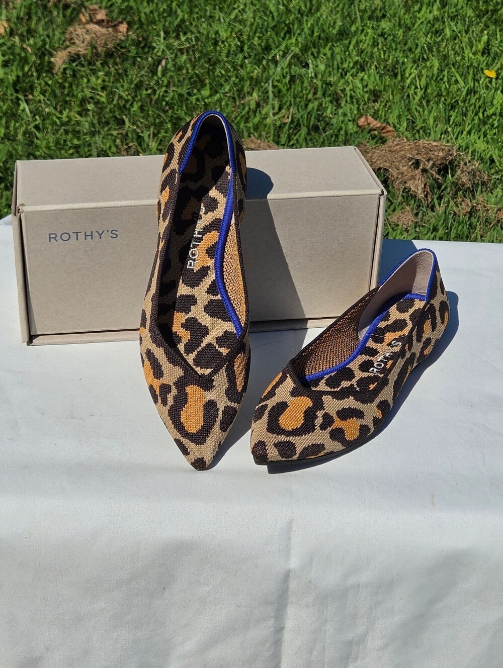 Rothy's Leopard Knit Pointed Toe Flats in Brown and Black with Blue Trim